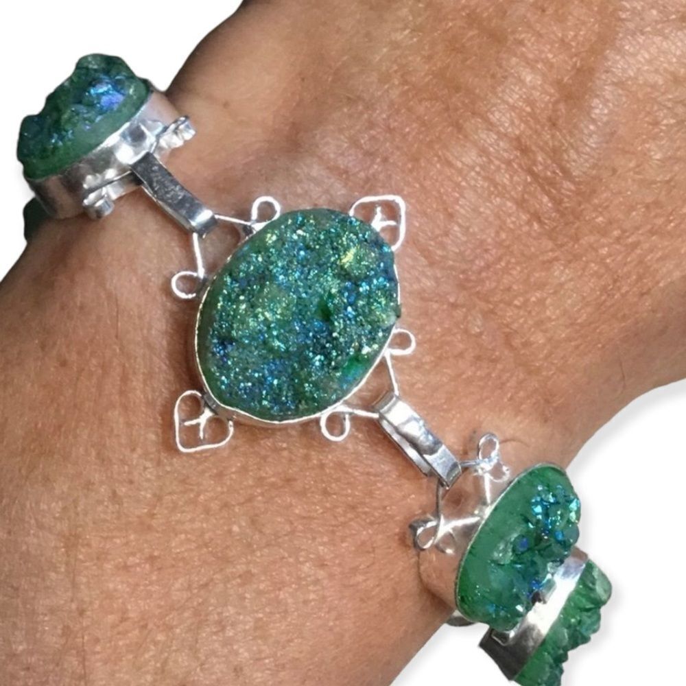 Aura Green Geode Druzy Stone Sterling Silver Links Bracelet NEW